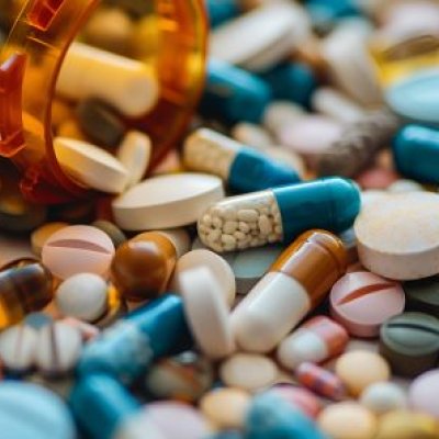 Coloured pills falling out of a container 